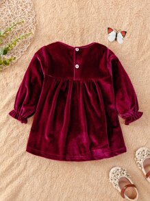 Baby Flounce Sleeve Bow Front Velvet Dress - Burgundy - View 2