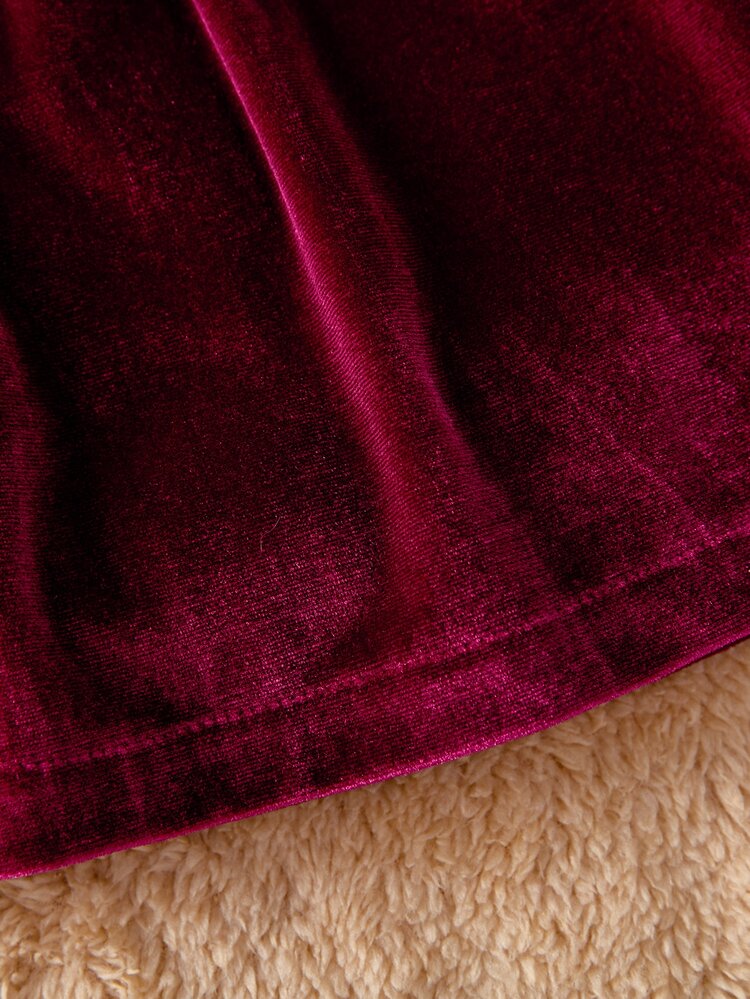 Baby Flounce Sleeve Bow Front Velvet Dress - Burgundy - View 4