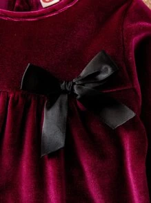 Baby Flounce Sleeve Bow Front Velvet Dress - Burgundy - View 6