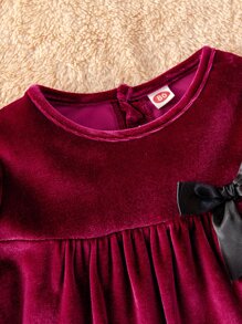 Baby Flounce Sleeve Bow Front Velvet Dress - Burgundy - View 7