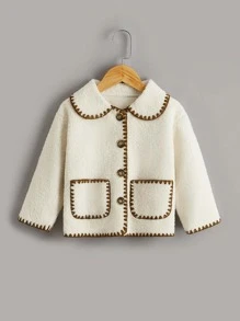小女童刺繡邊彼得潘領絨毛外套 - 米色 - 查看 1
