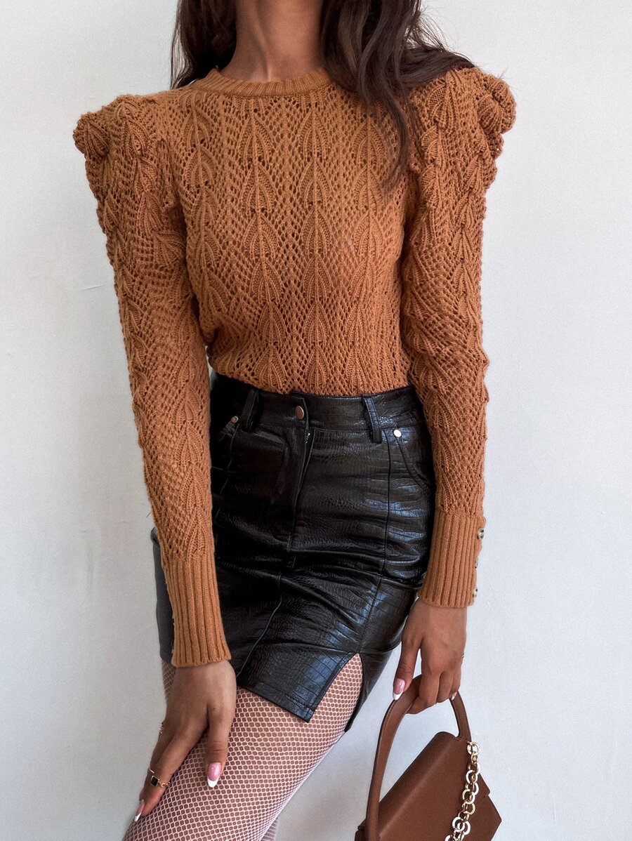 Solid Puff Sleeve Jumper - Coffee Brown - View 1