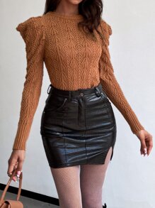 Solid Puff Sleeve Jumper - Coffee Brown - View 3