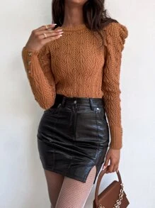 Solid Puff Sleeve Jumper - Coffee Brown - View 4