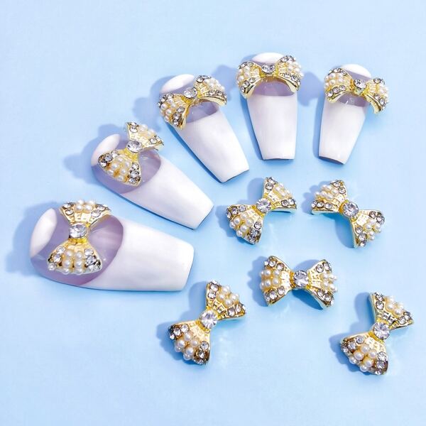 

10pcs Bow-Knot Rhinestone Nail Art Decoration, Gold