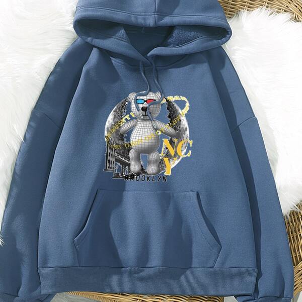

Bear & Letter Graphic Drop Shoulder Drawstring Thermal Hoodie, Dusty blue