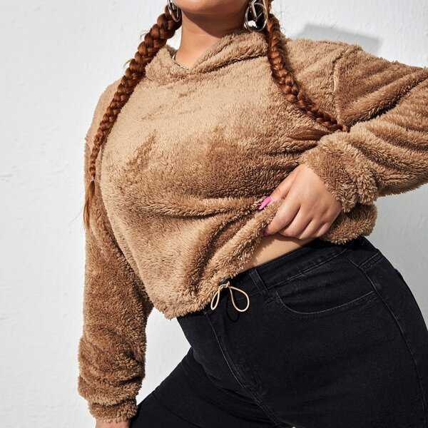 

Plus Drop Shoulder Drawstring Hem Crop Teddy Hoodie, Brown