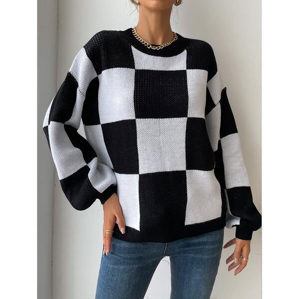 

Checker Pattern Drop Shoulder Sweater, Black and white