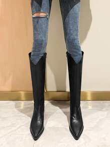 Point Toe Classic Knee Boots - Black - View 4