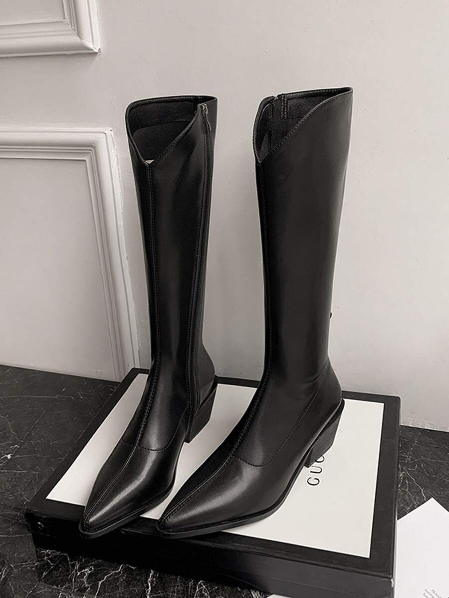 Point Toe Classic Knee Boots - Black - View 1