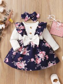 Bebé 2 en 1 floral ribete con fruncido con lazo delantero Vestido & Diadema - Multicolor - Ver 1