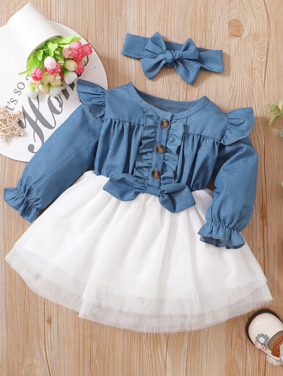 嬰兒荷葉邊前蝴蝶結多層網紗邊牛仔洋裝和髮箍 - 藍白色 - 查看 1