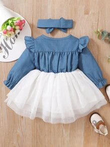 嬰兒荷葉邊前蝴蝶結多層網紗邊牛仔洋裝和髮箍 - 藍白色 - 查看 2