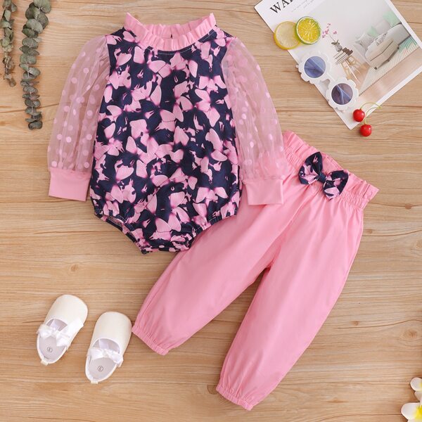 

Baby Bow Print Ruffle Neck Mesh Sleeve Bodysuit & Pants, Multicolor