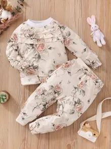 Baby Floral Print Frilled Pullover & Joggers - Beige - View 1