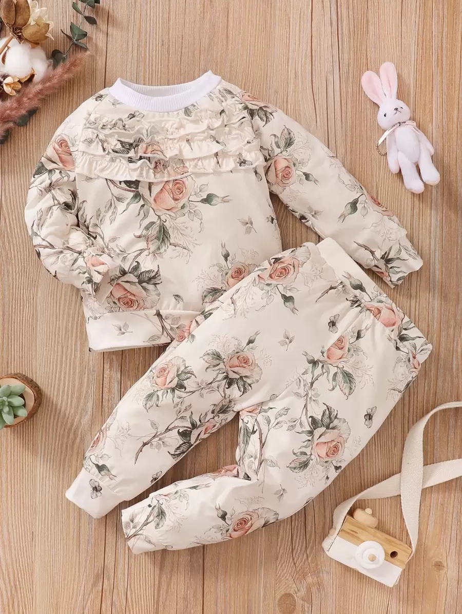 Baby Floral Print Frilled Pullover & Joggers - Beige - View 1