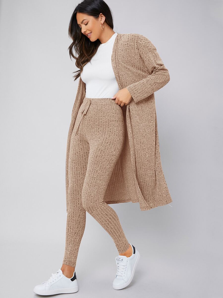 Seusyu Drop Shoulder Coat & Knot Front Leggings - Khaki - View 1