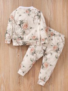 Baby Floral Print Frilled Pullover & Joggers - Beige - View 2