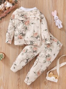 Baby Floral Print Frilled Pullover & Joggers - Beige - View 3