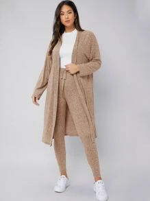 Seusyu Drop Shoulder Coat & Knot Front Leggings - Khaki - View 4