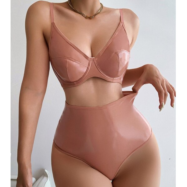 

PU Underwire Lingerie Set, Mocha brown