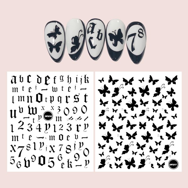 

2sheets Butterfly Pattern Nail Art Sticker, Black