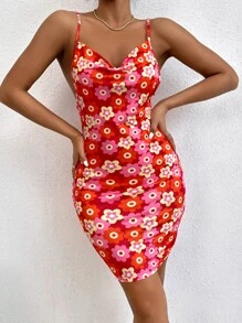 滿版印花垂領緊身洋裝 - 彩色 - 查看 1