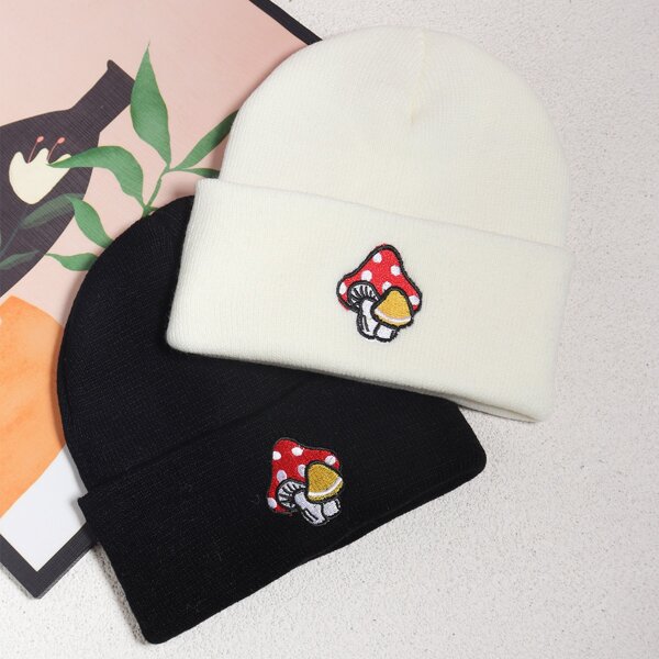 

2pcs Mushroom Embroidered Knitted Hat, Black and white