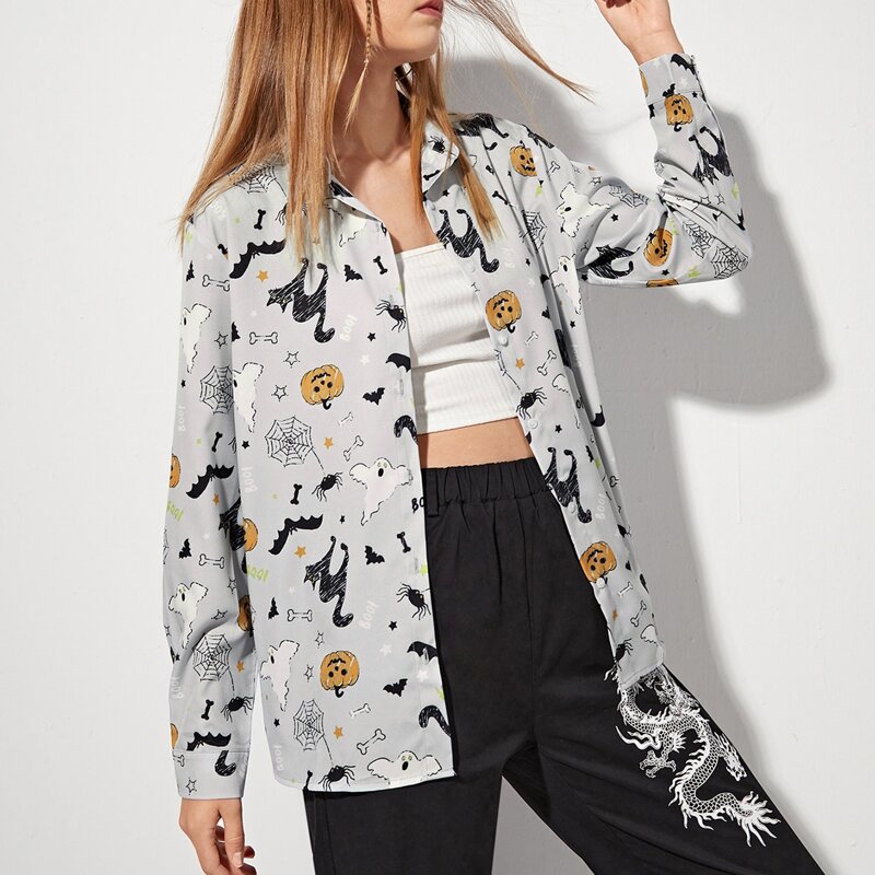 

Halloween Print Button Front Blouse, Multicolor