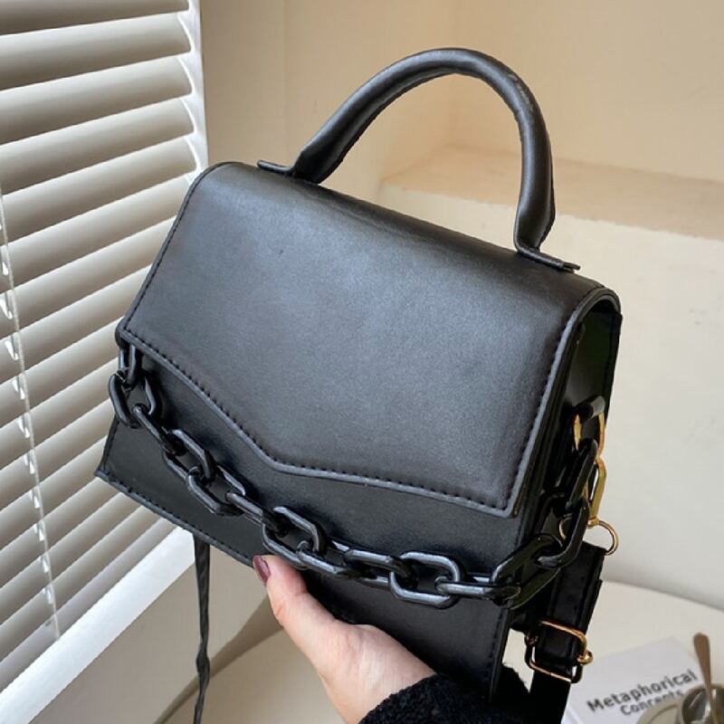

Chain Decor Flap Satchel Bag, Black