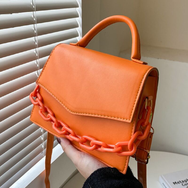 

Chain Decor Flap Satchel Bag, Orange