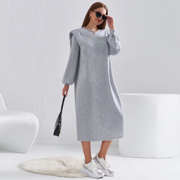 

Solid Lantern Sleeve Shoulder Pads Sweatshirt Dress, Light grey