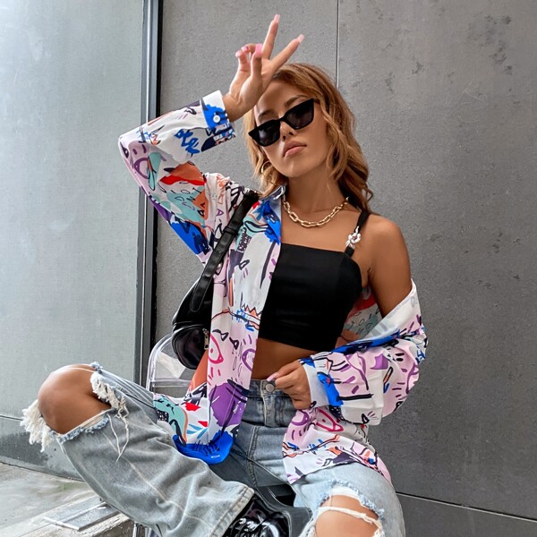 

Single Breasted Pop Art Print Blouse, Multicolor