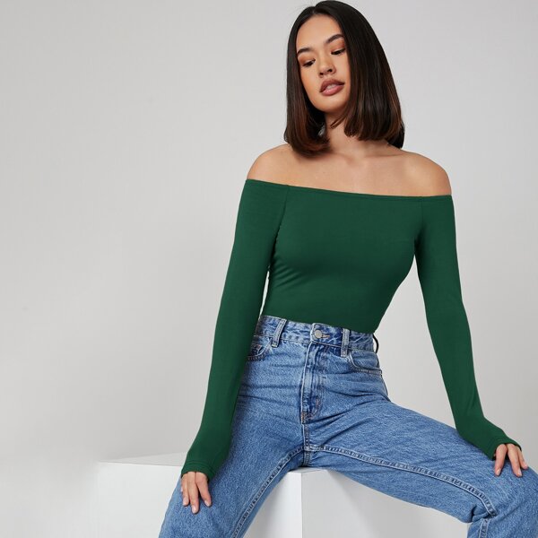 

Off Shoulder Fitted Bodysuit, Dark green