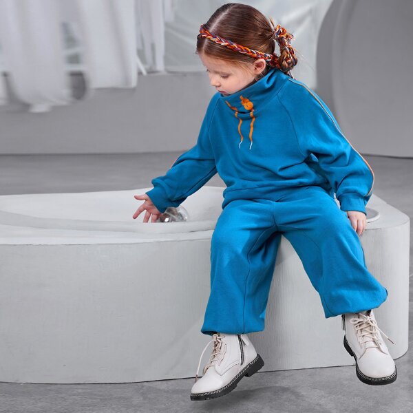 

Toddler Girls Drawstring Print Funnel Neck Contrast Piping Pullover & Sweatpants, Blue