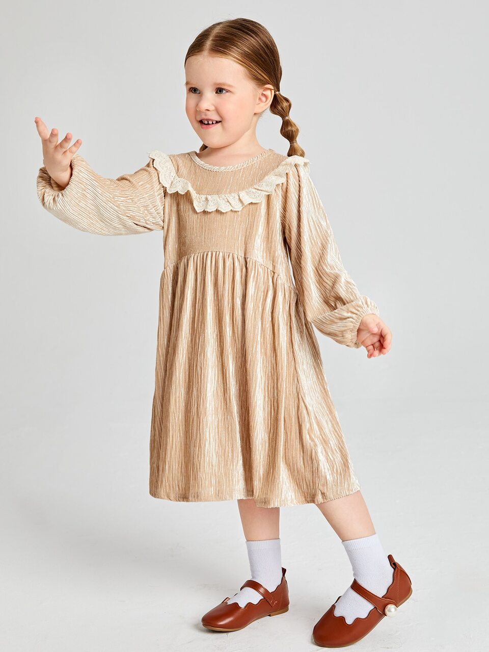 Toddler Girls Lantern Sleeve Ruffle Trim Dress