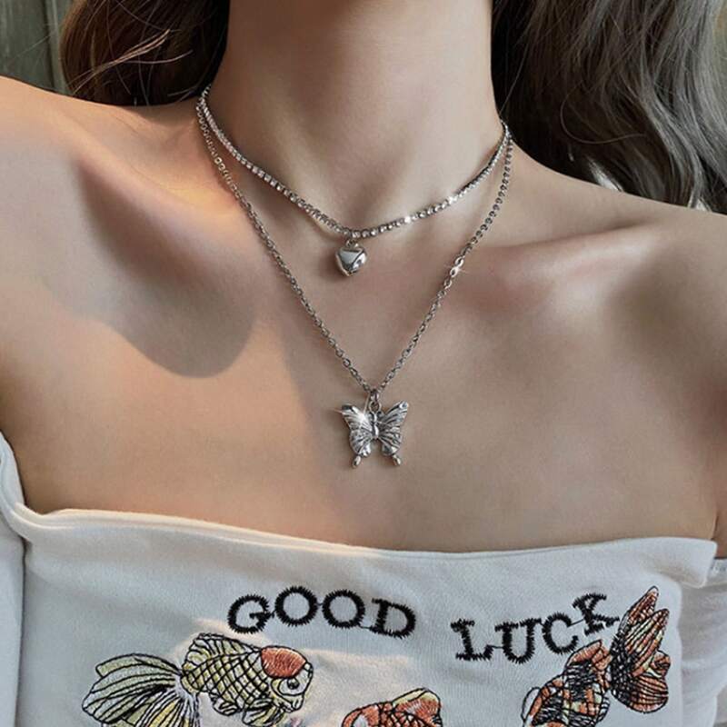 

2pcs Butterfly Decor Chain Necklace, Silver