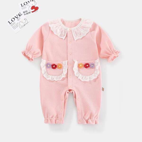 

Ruffle Trim Appliques Detail Jumpsuit, Baby pink