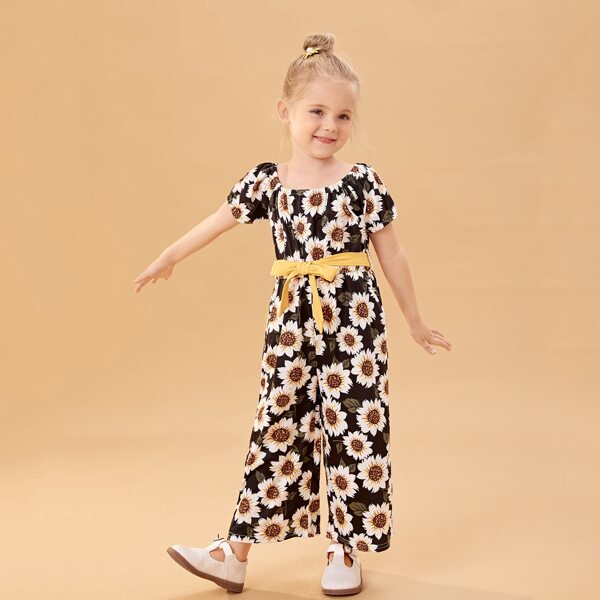 

Toddler Girls Floral Print Puff Sleeve Belted Jumpsuit, Multicolor