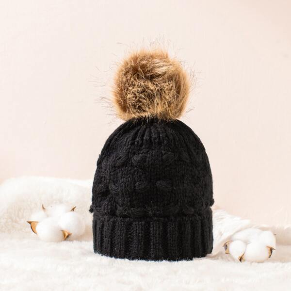 

Pom Pom Decor Knitted Hat, Black
