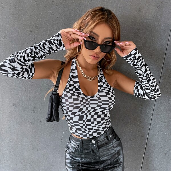

Geo Print Backless Halter Top With Arm Sleeve, Black and white