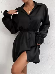 Almamuse Solid Color Satin Lapel Tie-Waist Long Sleeve Dress - Black - View 1