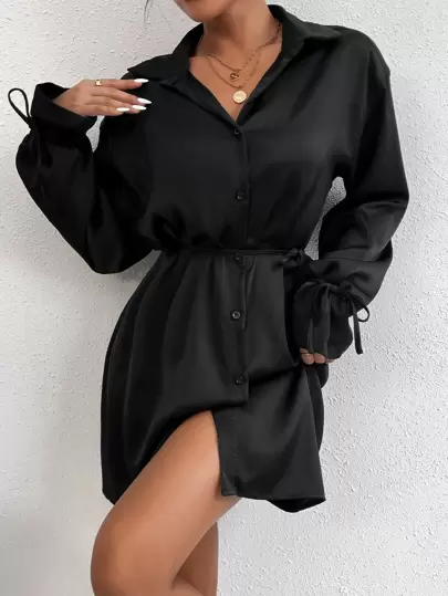 Almamuse Solid Color Satin Lapel Tie-Waist Long Sleeve Dress