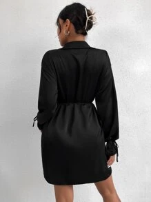 Almamuse Solid Color Satin Lapel Tie-Waist Long Sleeve Dress - Black - View 2