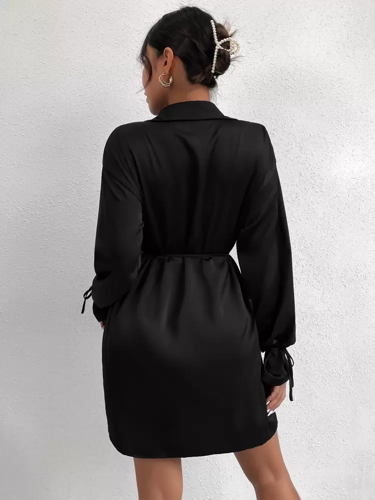 shein silk dress long sleeve SHEIN Bishop Sleeve Pleated Belted Satin Dress