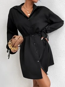 Almamuse Solid Color Satin Lapel Tie-Waist Long Sleeve Dress - Black - View 4