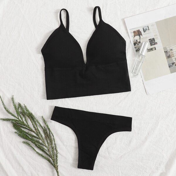 

Solid Seamless Lingerie Set, Black