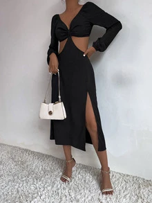Vestido con abertura de muslo con abertura - Negro - Ver 6