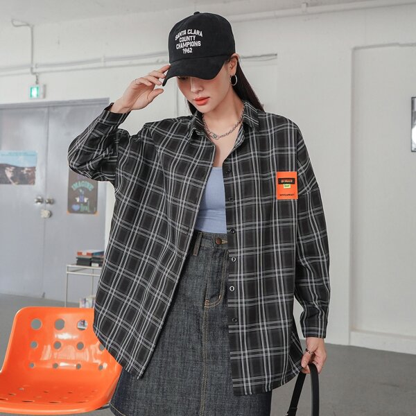 

Patched Detail Drop Shoulder Plaid Blouse, Black