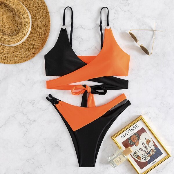 

Colorblock Cut-out Wrap Bikini Swimsuit, Multicolor